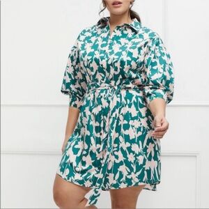 Eloquii Green Floral‎ Pink Blossom Shirt Dress With Belt size 18 Puff Sleeve